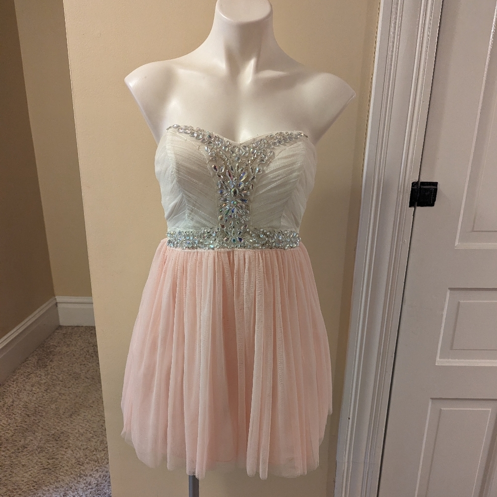Y2K Deb Shop bubble gum pink and white jeweled strapless dress size 0